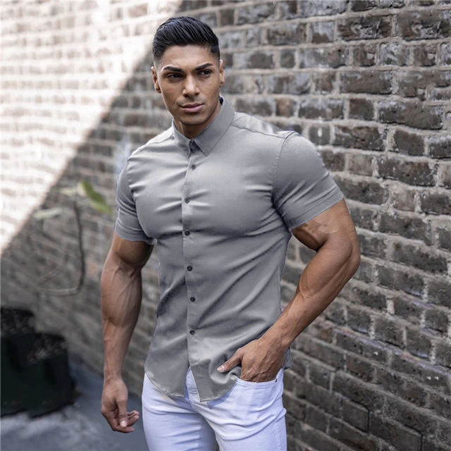Men Fashion Casual Short Sleeve Solid Shirt Super Slim Fit Male Social Business Dress Shirt Brand Men Fitness Sports Clothing 5