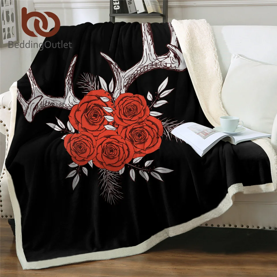 

BeddingOutlet Antlers Bed Blanket Red Roses Furry Blanket Floral Hipster Sherpa Blanket Vintage Style Gothic Custom Blanket