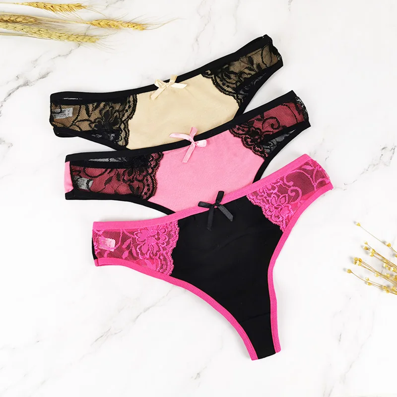 Beige Pink Black DKERT 3 шт./упак. стринги Для женщин нижнее белье сексуальное кружевное белье из хлопка g-стринги бесшовные Трусики-брифы ультра-тонкий комплект нижнего белья из дышащего материала - Цвет: Beige Pink Black