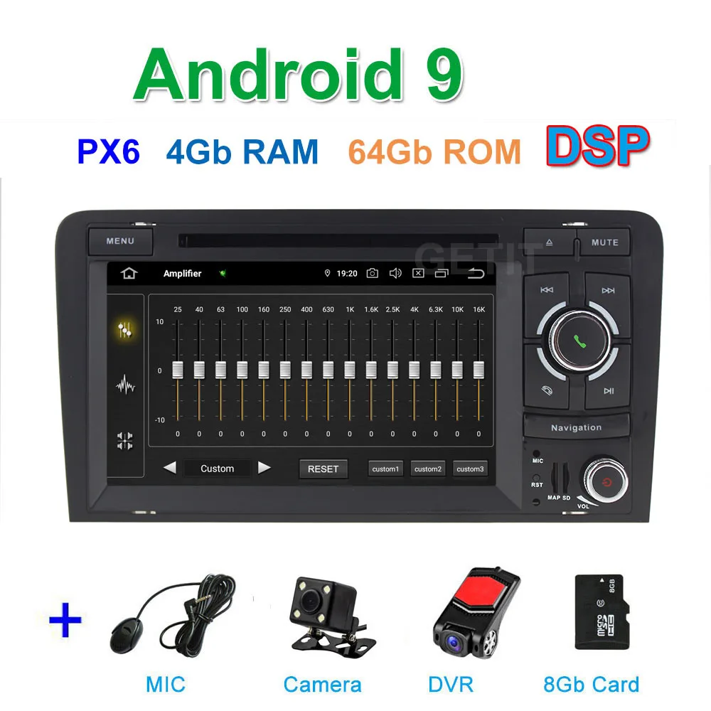 PX6 Android 9 Автомобильный DVD стерео плеер для Audi A3 2003-2011 с WiFi BT Радио gps навигация - Цвет: DSP PX6 CAM DVR SD