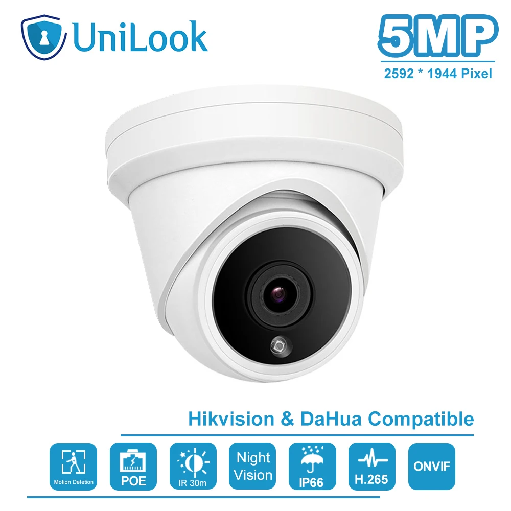 UniLook(Совместимость с Hikvision) 5MP POE ip-камера для дома/улицы, охранное видеонаблюдение, защита от атмосферных воздействий, IP66 ONVIF P2P H.265