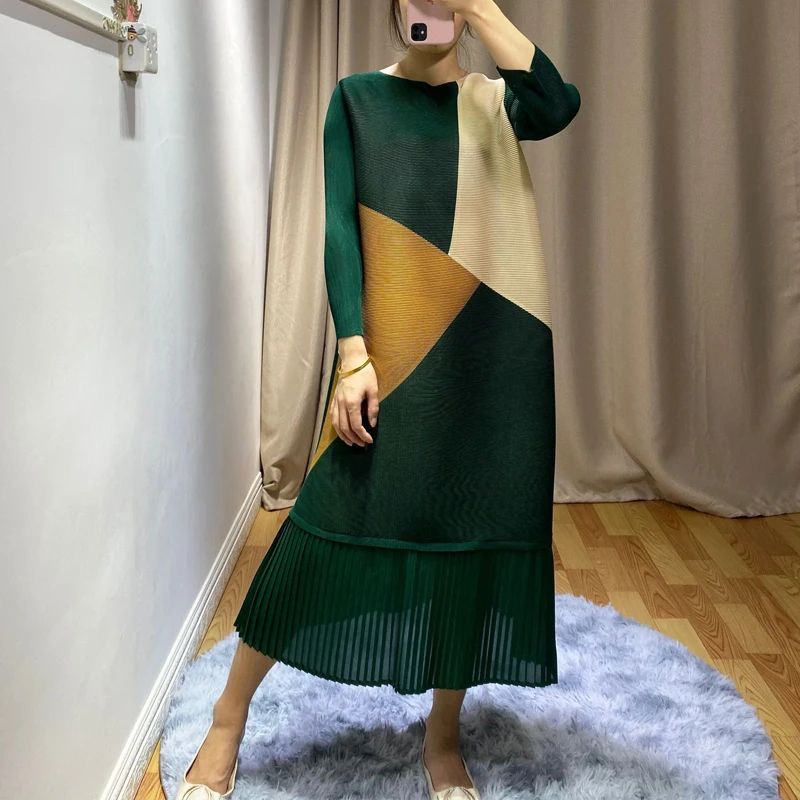 Miyake плиссированное платье с цветными блоками, весна, новинка, свободные, большие размеры, тонкие женские платья средней длины, а-силуэт