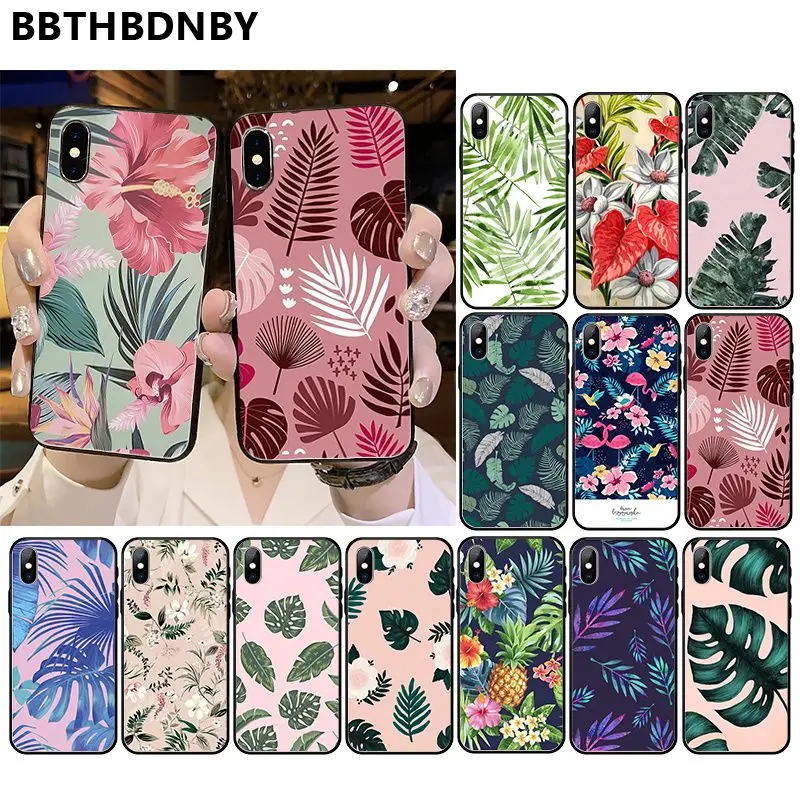Phone Case Summer Palm Leaf Flowers Black Soft Shell Cover for iPhone 11 pro XS MAX 8 7 6 6S Plus X 5 5S SE XR case |