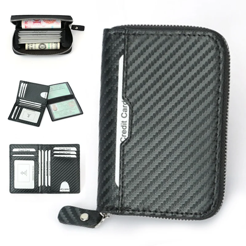 

Men Black Carbon Fiber-Look RFID Slim Casual Cards Holder with 2 Clear Windows for Driver License C55