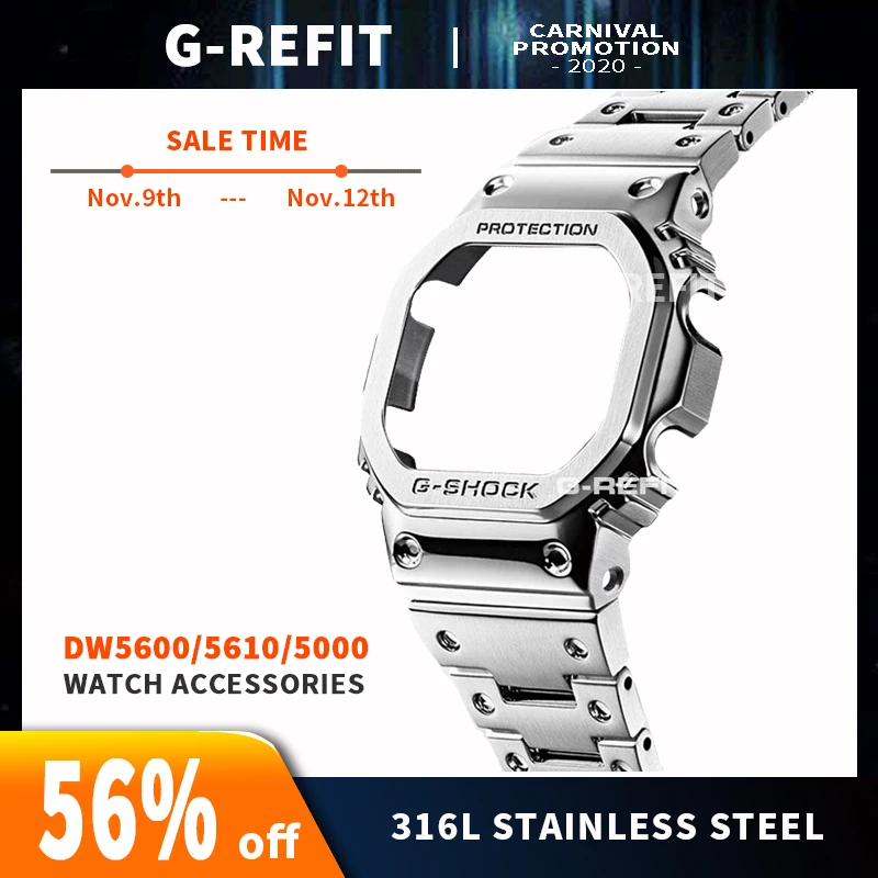 G-Refit DW5600/5610 GW5600E DW/GW5000 Stainless Steel Watchband Case/Bezel 5000 DW5035 Accessories with Tools Silver Black Strap afbeelding