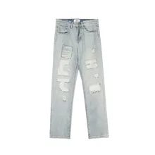Pantalones vaqueros rasgados Con agujeros para hombre y mujer, Jeans ajustados de estilo Hip Hop, desgastados, color azul claro, moda coreana