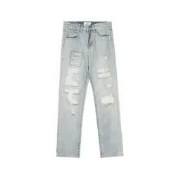 Pantalones vaqueros rasgados Con agujeros para hombre y mujer, Jeans ajustados de estilo Hip Hop, desgastados, color azul claro, moda coreana