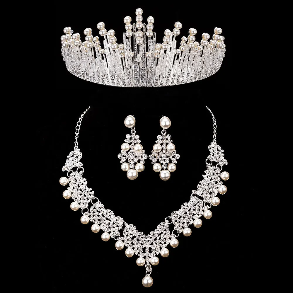 Jewelry Sets Bride Crystal Pearl Costume Jewelry Sets Necklace Earrings Tiara