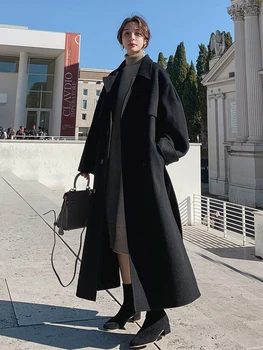

Medium Length Black Woolen Coat Women's 2020 New Winter Korean Style Hepburn Thick Fashion Classic Cashmere Coat Casaco Feminino