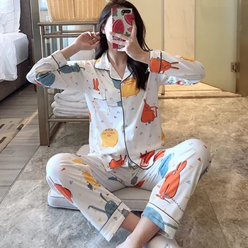

Women Pajamas Set Lapel Cartoon Fruit Print Shirt + Trousers Long-sleeved Cardigan Fashion Pajamas Set