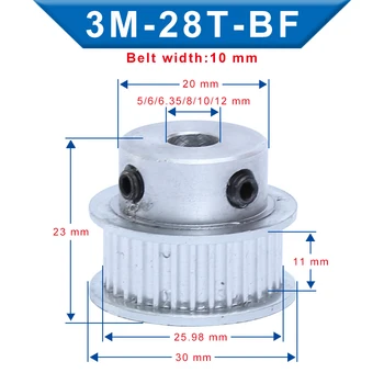 

3M-28T Pulley BF Shape Bore 5/6/6.35/8/10/12 mm Slot Width 11 mm pulley wheel Aluminum Material For Width 10mm 3M-Timing Belt