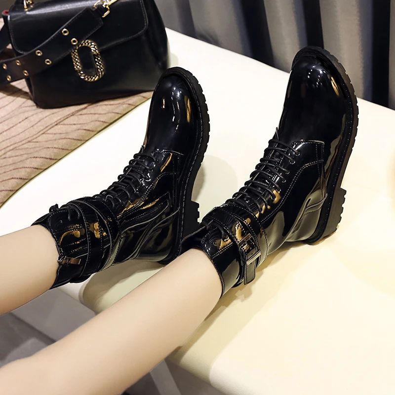 

Women's Military Boots Autumn Shoes Lace Up Chunky Heel Round Toe Bootee Woman 2019 Booties Ladies Clogs Platform Combat Black