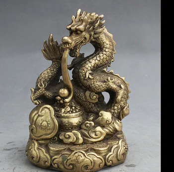 

zhmui88002309<<++Chinese FengShui Brass Treasure Bowl Wealth Coin Fly Dragon Bead RiYi Statue