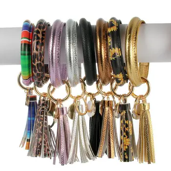

PU Leather Circle Keychain Custom Circle Tassel Wristlet Bracelet Key Ring Wristlet Bag Ornament Accessories
