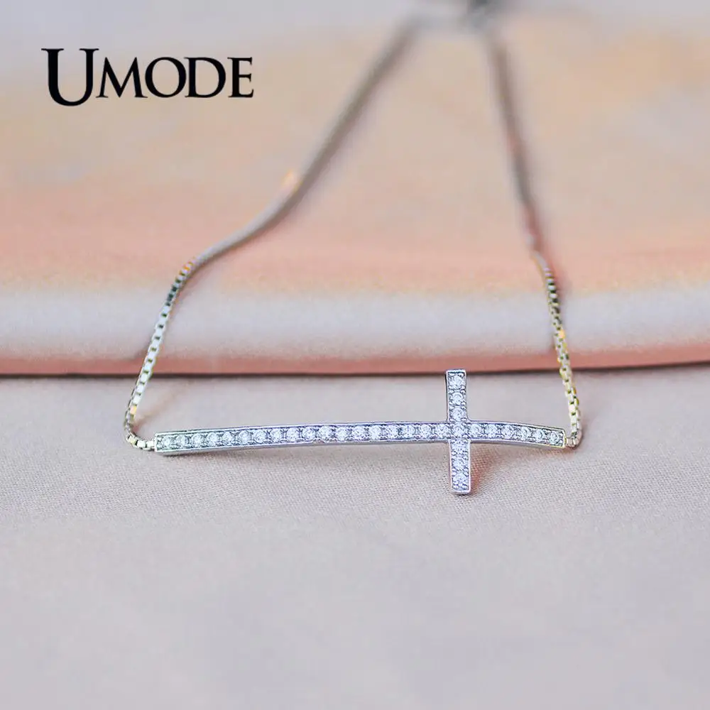 

UMODE 2019 New Fashion Design Adjustable Bracelets for Women Unique Long Cross Paved Zircon White Gold Box Chain Jewelry AUB0205