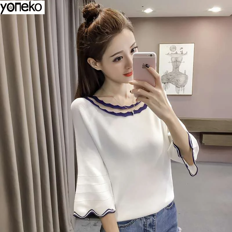 

Yoneko 2020 Spring Autumn Three Quarter Flare Sleeve O-neck Lady Female Tops Women Sweater Clothes New Fashion Korean New