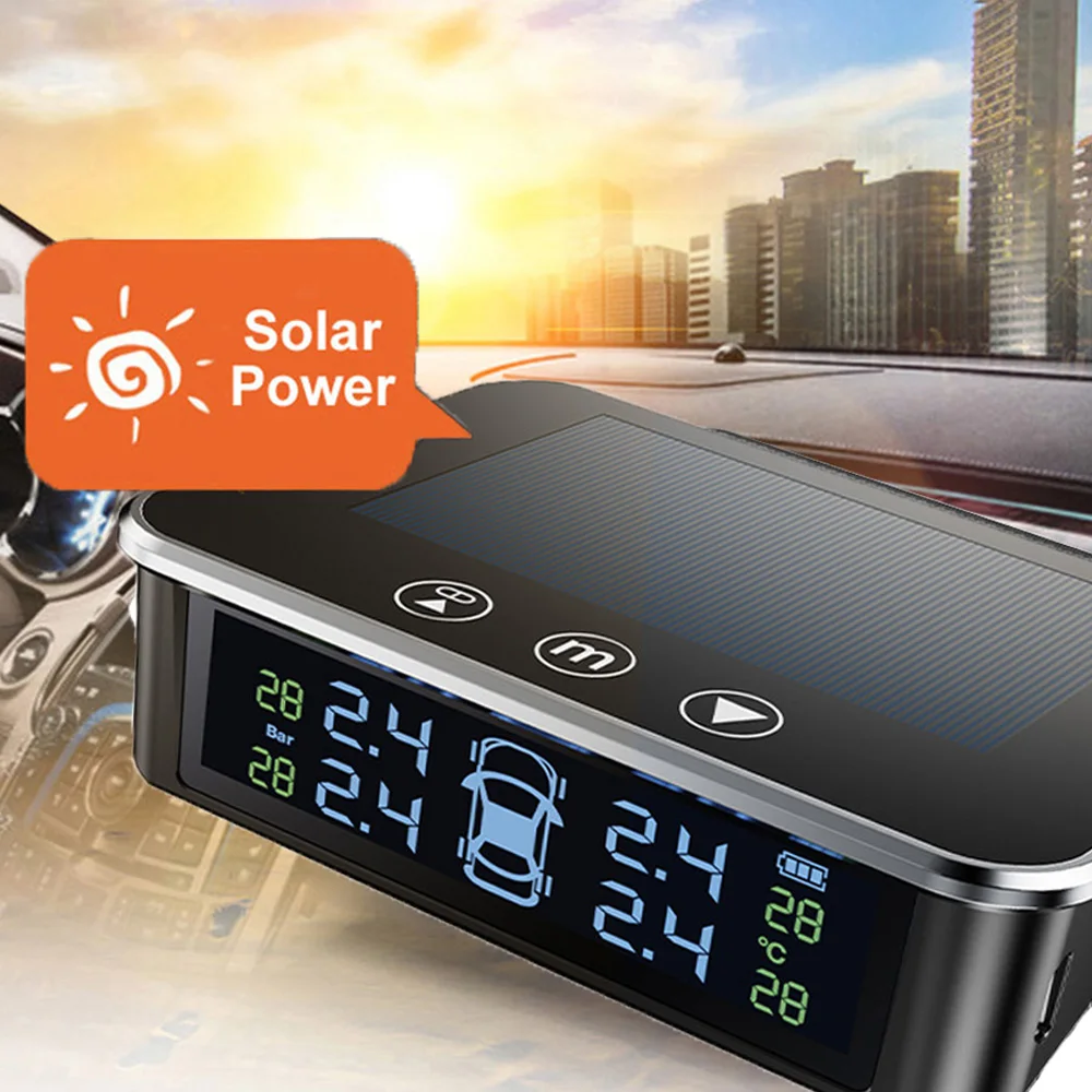Tire Pressure Monitor System Solar Power USB TPMS Car Truck Tyre Pressure Gauge Temperature warning with 4 external Sensors