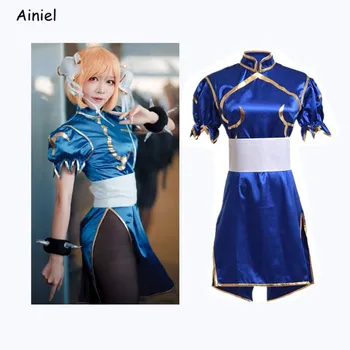 

Games Chun Li Cosplay Costume Sutorito Faita Blue Sexy Cheongsam Dress Belt Headgear Halloween Party Clothes Dress Women Girls