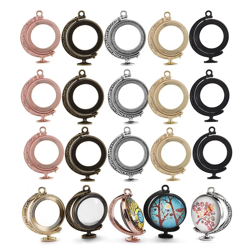 

5pcs 25mm Round Alloy Globe Cabochon Settings Blank Tray Spin Double Size Bases For DIY Pendant Necklace Jewelry Making