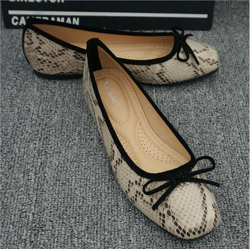 

2020 Spring Snake Flat Shoes Women Leather Ballerinas Square Toe Bowtie Slip On Ballet Loafers Moccasins Ladies Casual Flats