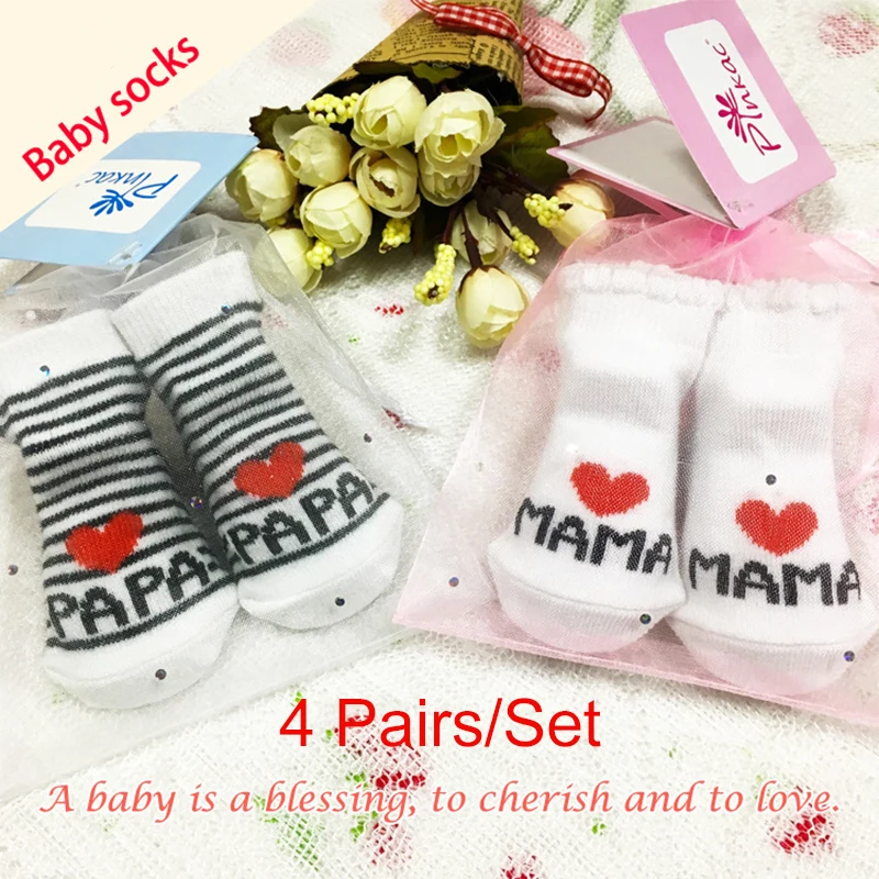 Подарок 4 пар Симпатичные для детей от 0 до 6 месяцев Love Papa, Mama»(«Я люблю папу, маму») с принтом «Я люблю папу» для мам и дочек, детские носки для маленьких девочек и мальчиков мягкие носки новорожденного малыша новорожденных хлопковые детские носки
