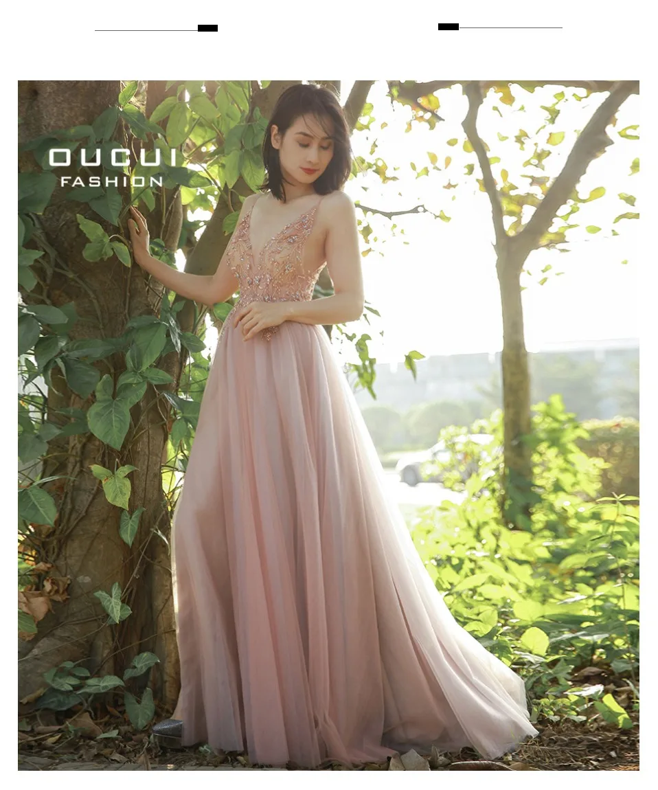 Oucui Dusky Pink Handmade Beaded Prom Dresses 2020 Long Spaghetti Strap See Through Grey Tulle Evening Gown Vestido De Festa