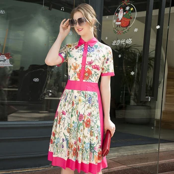 

Summer Runway Designer Party Dress Ladies High End Elegant Short Sleeve Flower Printed Women Casual Dresses