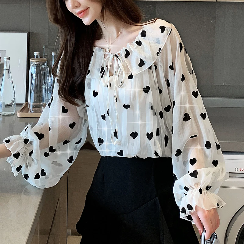 

COIGARSAM Korea Style blouse women New Spring Office Lady Print Chiffon Loose blusas womens tops and blouses 904