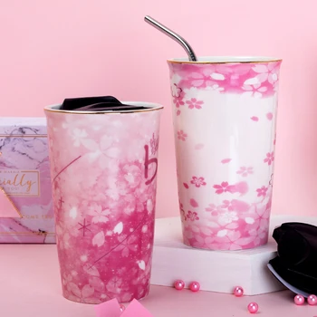 

EWAYS Double Layer Mug Attach Straw Cup Northern Europeins Simple Ceramic Cup with Lid Household Couple Coffee Cup
