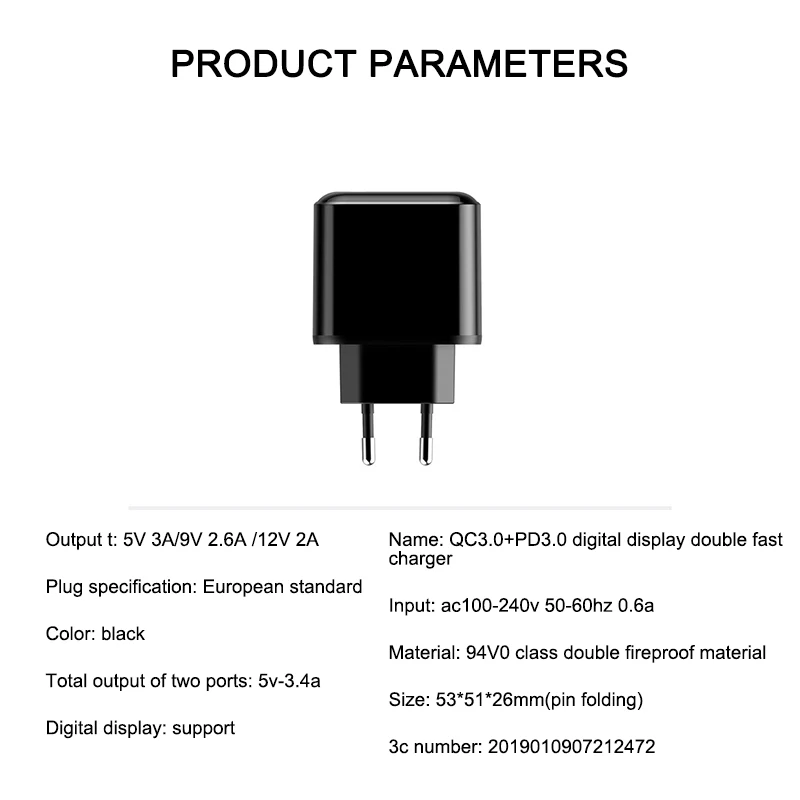USB настенное быстрое зарядное устройство FC3.0 PD3.0 18 Вт двойной порт ультра компактный USB C цифровой дисплей зарядное устройство для iPhone 8 X XR 11 xiaomi huawei
