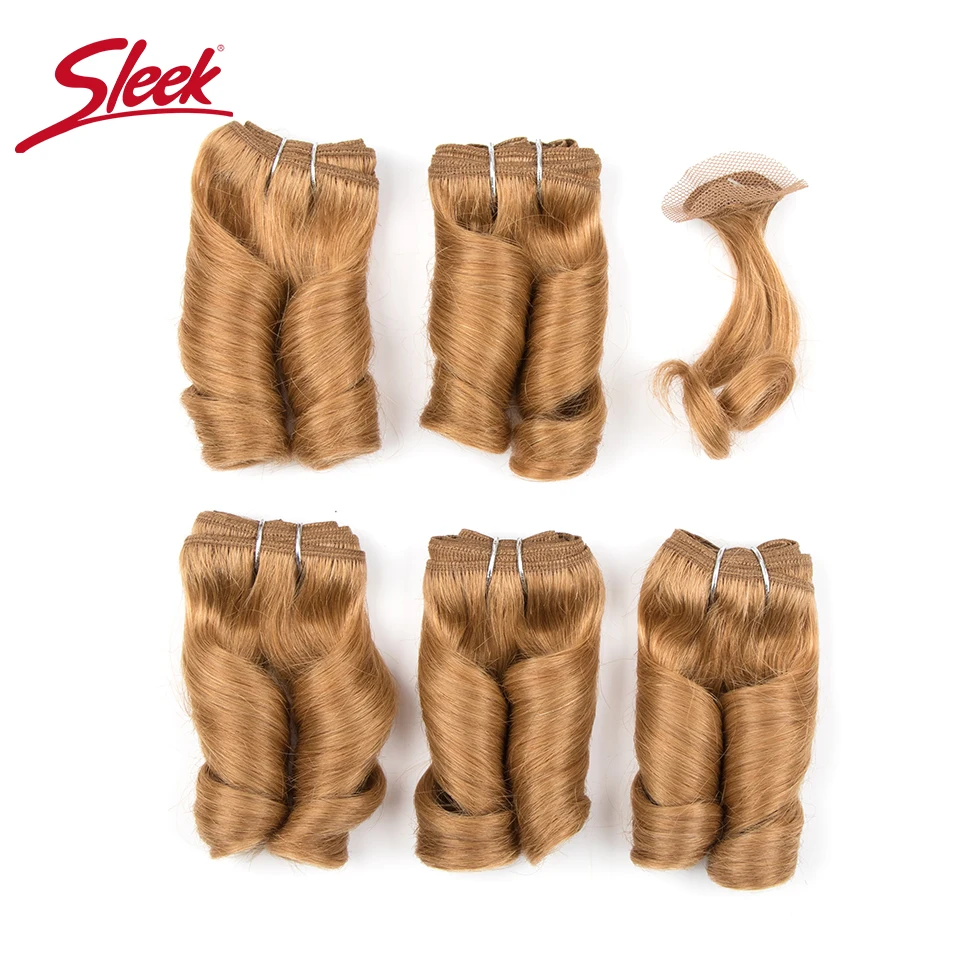 Sleek Double Drawn Loose Wave Blonde #27 33# Brown 4# Color Short Brazilian Bundles With Clocure Cheap Remy Human Hair 158 Grams