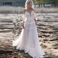 LORIE Bohemian Wedding Dresses 2021 Off Shoulder A Line Lace Appliqued Boho Wedding Gowns Lacing Plus Size Beach Bridal Gowns