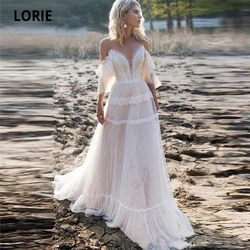 LORIE Bohemian Wedding Dresses 2021 Off Shoulder A Line Lace Appliqued Boho Wedding Gowns Lacing Plus Size Beach Bridal Gowns