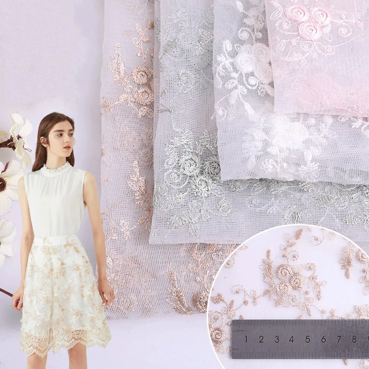 Розовый, белый и детский зеленый вышитый тюль платье ткань, по метру