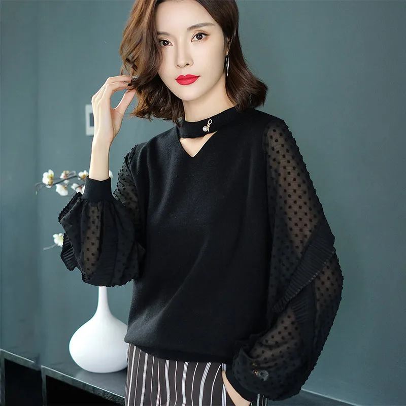 Summer Pure V-neck short women knit sweater Edge-dotted yarn sleeve women sweater pure color fashion thin sweater new - Цвет: Черный