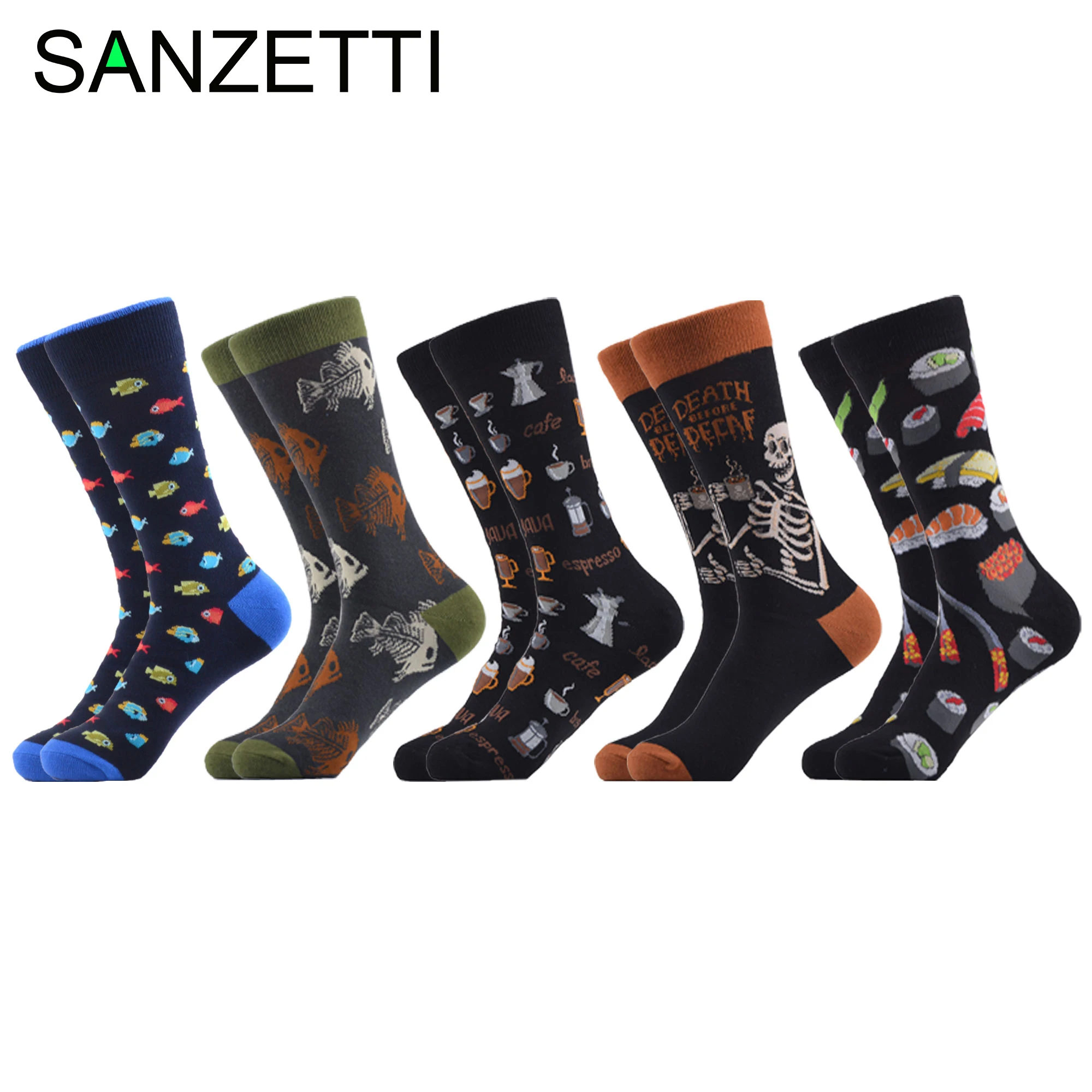 SANZETTI 5 Pairs/Lot New Style Men's Casual Combed Cotton Happy Crew Socks Fish Coffee Pattern Party Gifts Creative Dress Socks