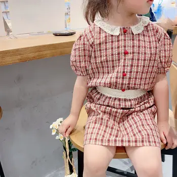 

2020 New Stylish Girls 2 PCS Plaid Set Blouse+ Shorts Summer Kids Girls Suits 3-8t
