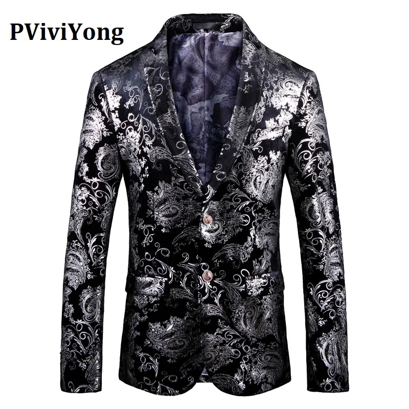 

PViviYong Brand 2019 high quality Suits Blazers European style Local tyrants silver suit jacket men slim fit men's suit top 7774