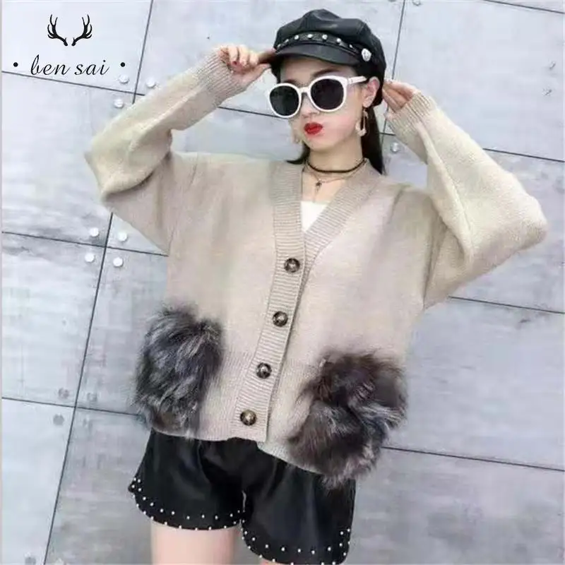 Woman Fashion Casual V-neck Short Sweater Loose Large Pocket Rabbit Fur Solid Sweater Single Breasted Autumn Winter New