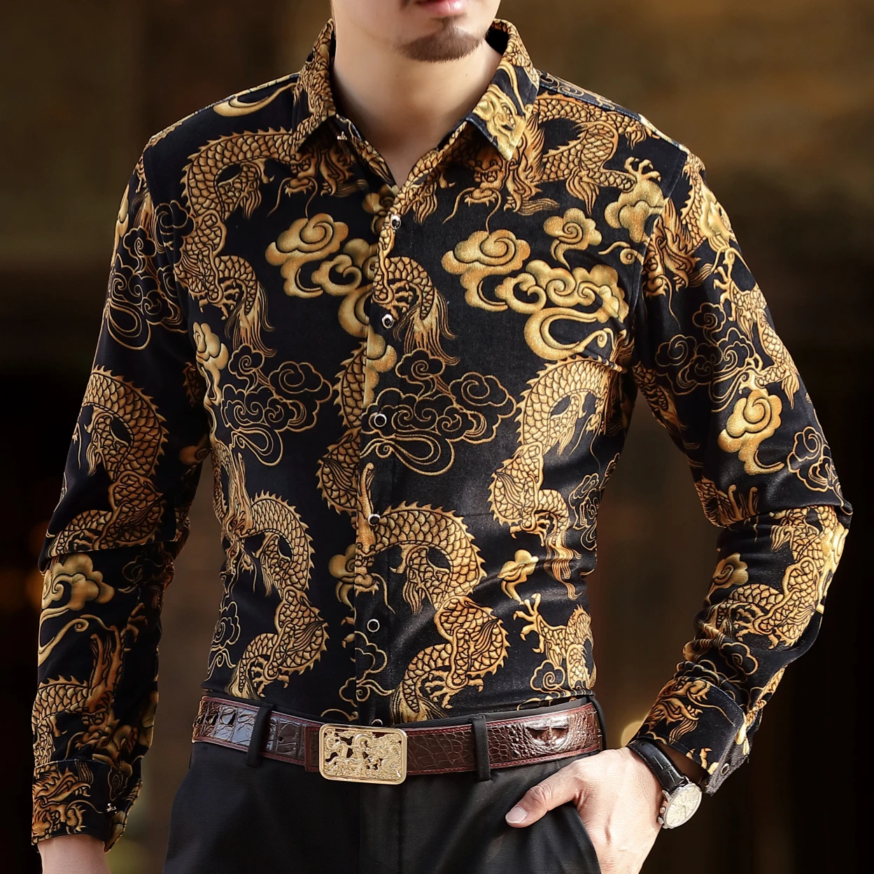 Рубашка с цветочным принтом дракона для мужчин Camisa Social Masculina De Luxo рубашка мужская с длинным рукавом бархатная рубашка мужская сорочка Homme