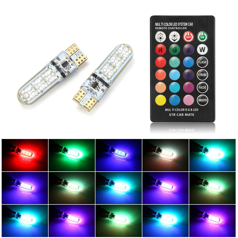 

2PCS RGB T10 W5W Led 194 168 W5W 5050 SMD Car Dome Reading Light Automobiles Wedge Lamp RGB LED Bulb With Remote Controller