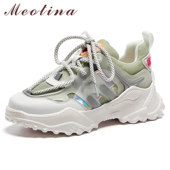

Meotina Real Leather Flats Sneakers Lace Up Women Shoes Bling Platform Footwear Mixed Colors Shoes Female Green Large Size 40
