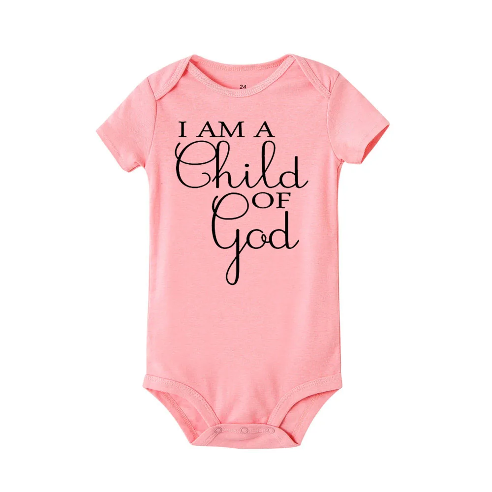 Детский комбинезон с короткими рукавами и надписью «I am a child of god» для новорожденных мальчиков и девочек, хлопковый комбинезон, костюм для подвижных игр, одежда - Цвет: R243-SRPPK-