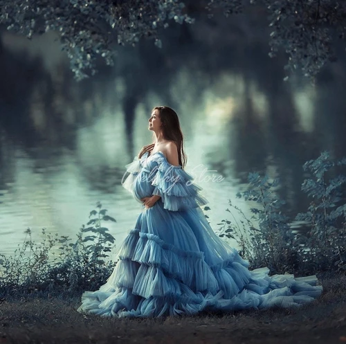 Sky Blue A-Line Ruffled Tulle Long Maternity Dresses Women Elegant Off Shoulder Tiered Pleated Ruffles Party Gowns Plus Size | Женская