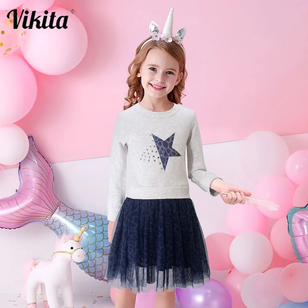 

VIKITA/осенне-зимнее платье для девочек; Детская одежда со звездами; Вечерние платья с фатиновой юбкой для дня рождения; Повседневное платье-св...