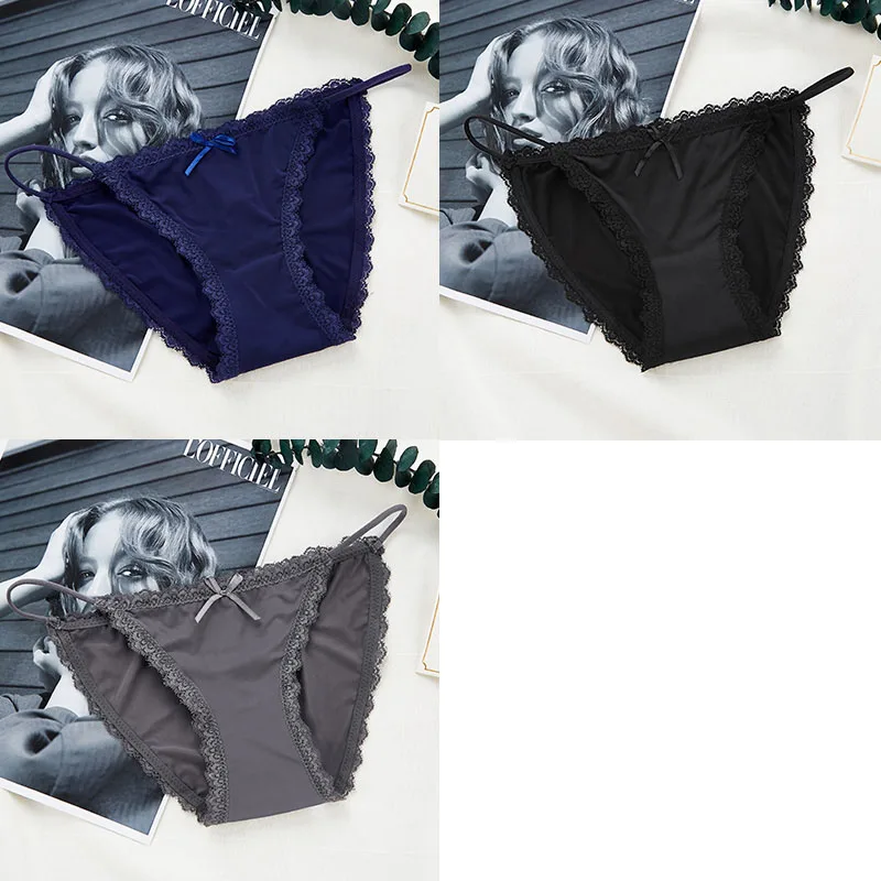 Blue Black Gray 3 шт., сексуальные кружевные трусики для женщин, стринги, бикини, выдалбливают, дамское нижнее белье, бесшовные трусики, низкая посадка, женские трусы, модные - Цвет: Blue Black Gray