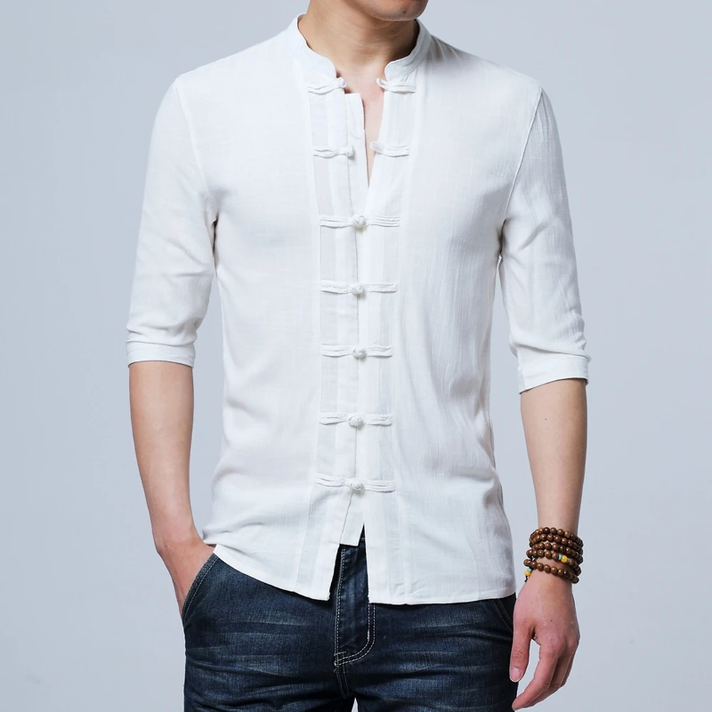 Летние мужские льняные рубашки с коротким рукавом, китайский стиль, воротник-стойка, традиционный кунг-фу Тан, Повседневная рубашка, 4XL, одежда