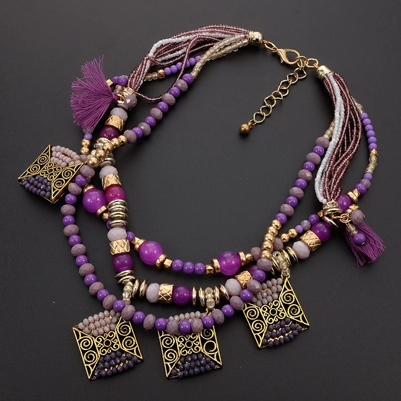 Statement Women Bohemin Trendy Ethnic Crystal Tassel Pendant Layered Collar Choker Necklace Fashion Jewelry