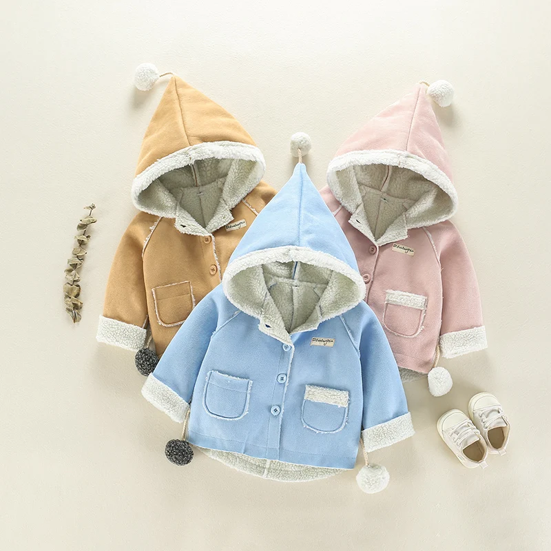 

PatPat Casual Pompon Decor Hooded Coat for Baby Button Closure Pocket Fleece-lining Spring Autumn Cotton Long Sleeve