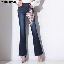 Fashion embroidery Denim Flare Pants Women Retro Ripped Jeans woman Wide Leg Trousers Lady Casual Bell-Bottoms Flare Pant Female